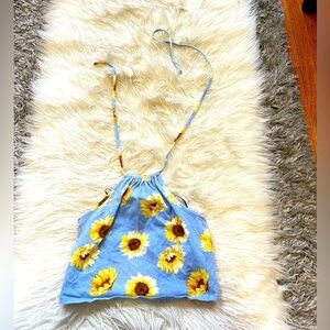 Blue and Yellow Sunflower Print Halter Top
